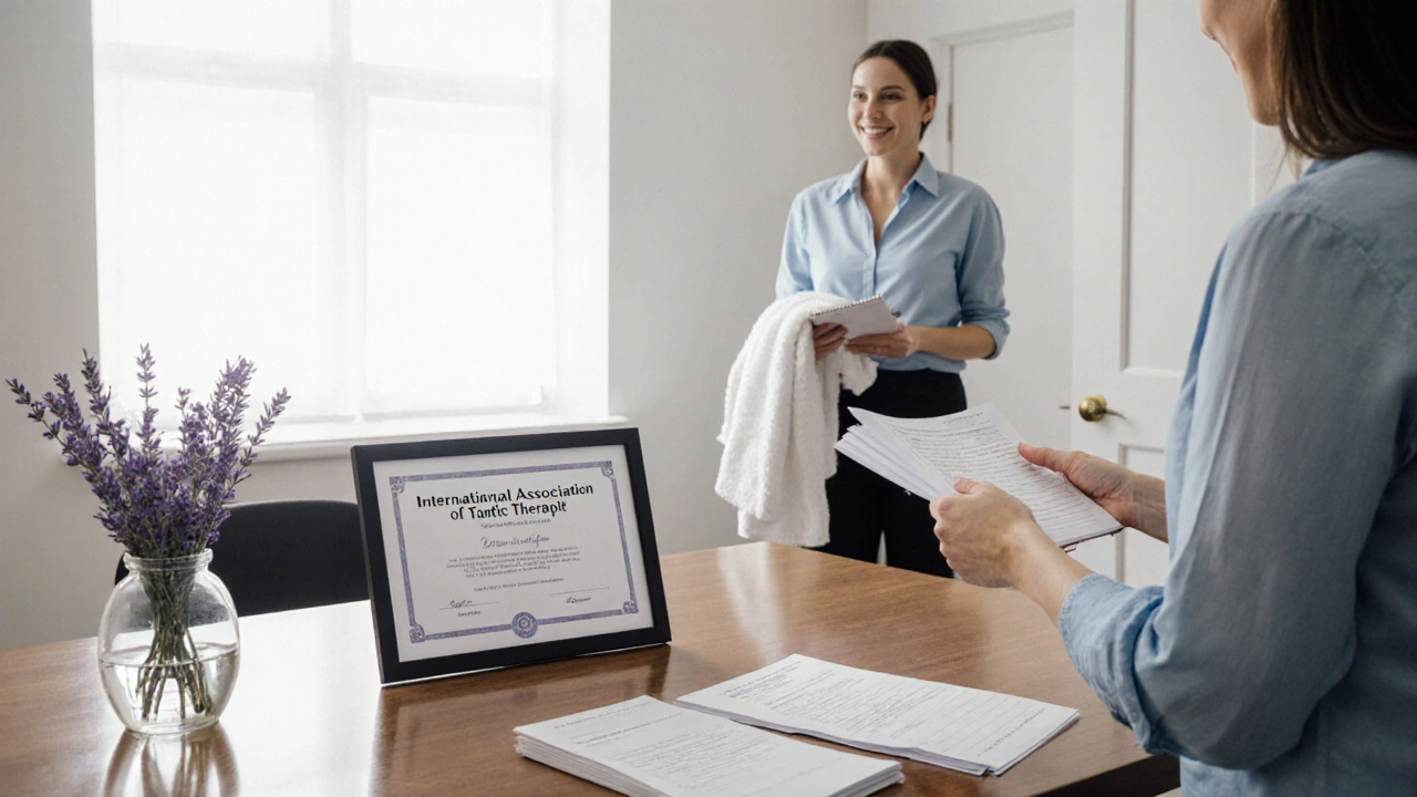 Fotografie profesionálního studia s certifikátem, čistými ručníky a přívětivým terapeutem.