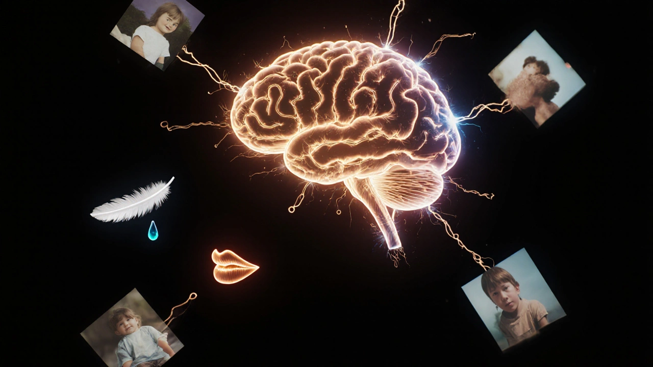 Abstraktní obrázek mozku s osvětlenými nervovými dráhami spojujícími rty a emoce.