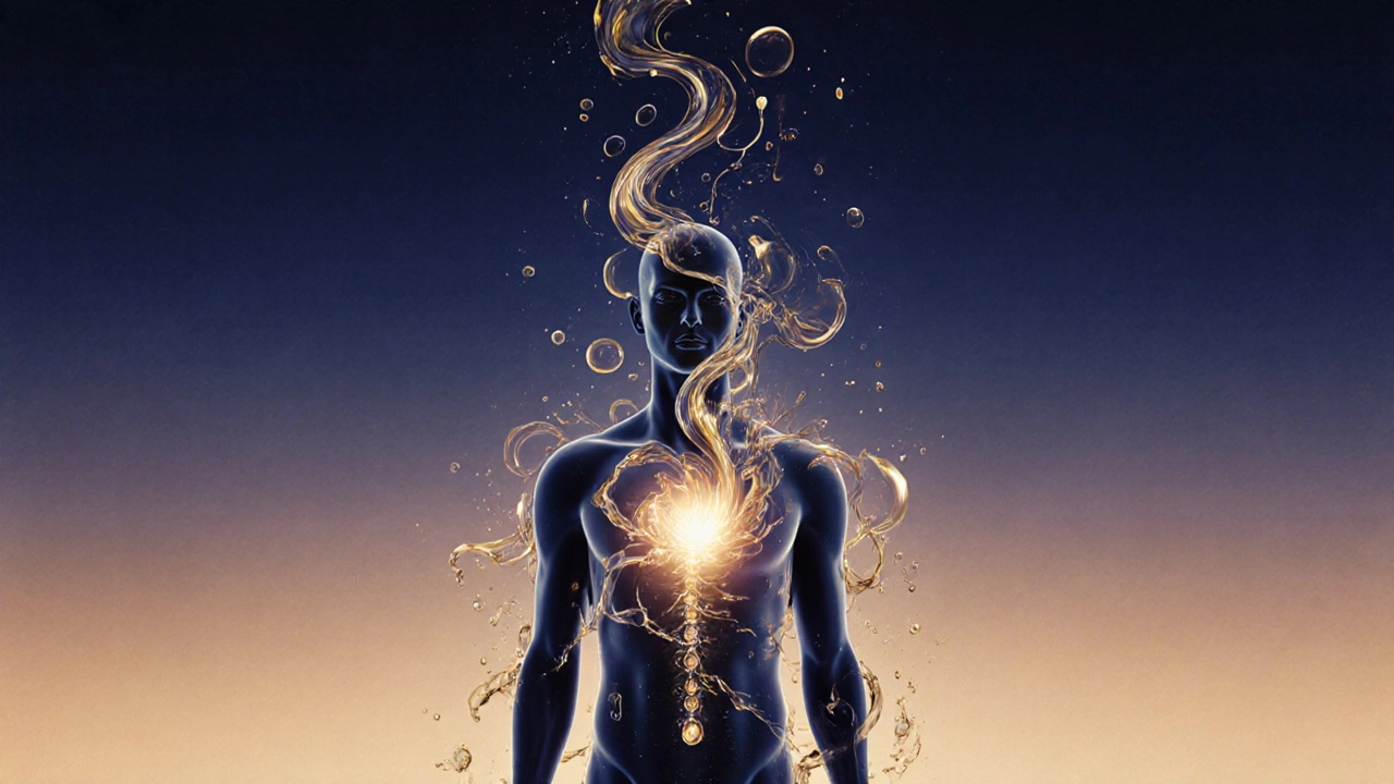 Abstraktní silueta člověka vyplněná tekutinami olejů a vůní, které se mísí s dechem a světlem.