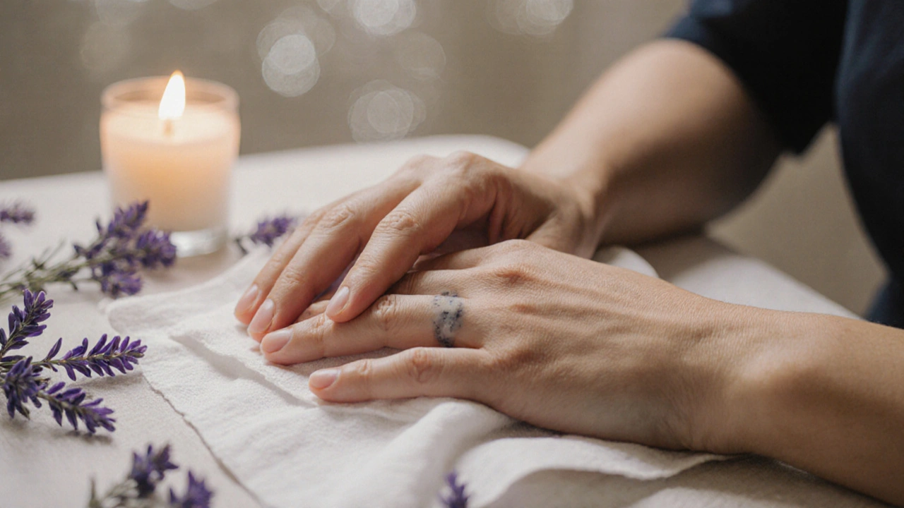 Dvě ruce se dotýkají přes látku nad operační jizvou, kolem nich lavanda a svíčka.