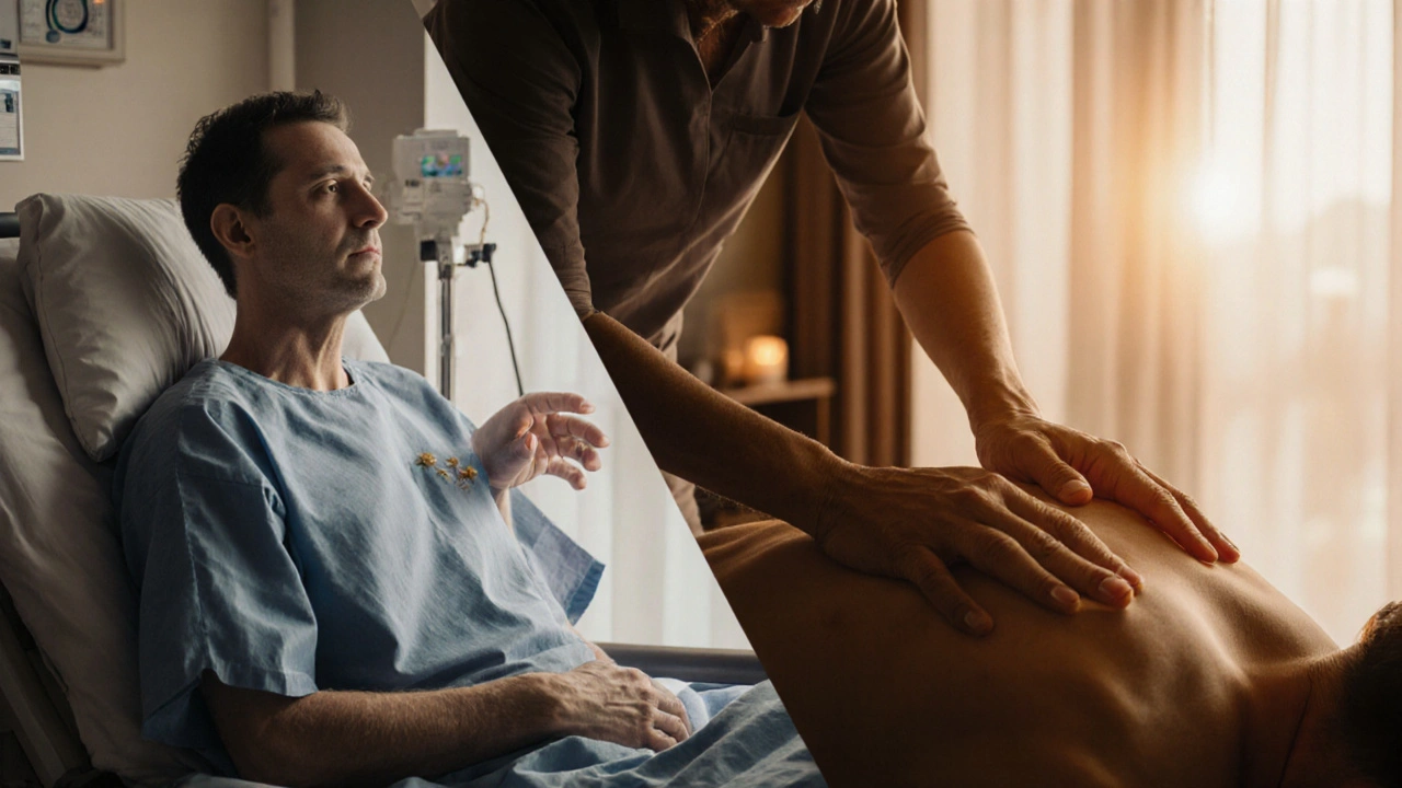 Dvě scény vedle sebe: Reiki v nemocnici a tantrická masáž v soukromém prostoru, obě s klidnou atmosférou.