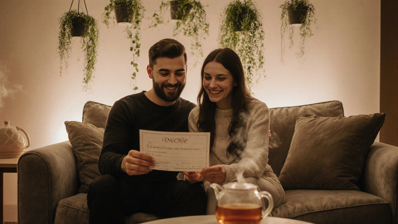 Dvojice si společně prohlíží dárkový poukaz v klidném prostředí spa salónu.