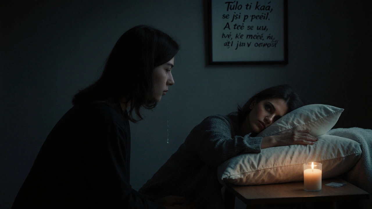 Klient pláče na polštáři, terapeut sedí vedle, ruka na okraji stolu — přítomnost bez doteku, svíčka svítí v pozadí.