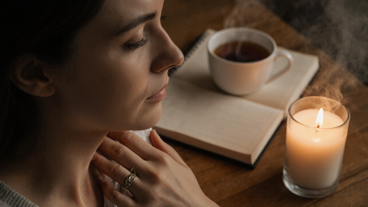 Klient po masáži, ruka na prsou, oči zavřené, klidná chvíle samoty s čajem a svíčkou.