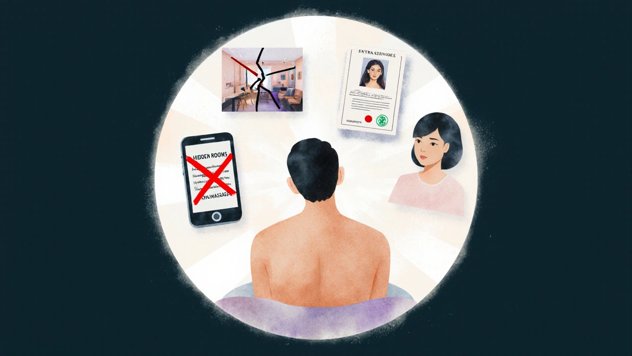 Konceptuální obrázek ochrany před nelegálními masážními salóny s symboly bezpečí a varování.