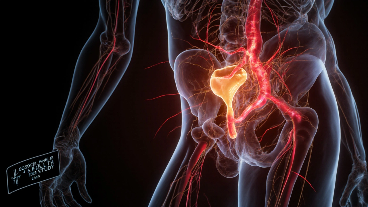 Krevní oběh v pánvi a penisu je znázorněn jako světlé cesty v těle.