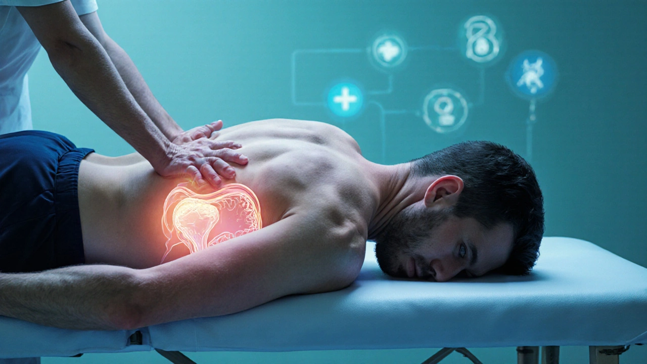 Muž leží na břiše, tělo uvolněné, s jemně zářícím obrysem prostaty pod kůží.