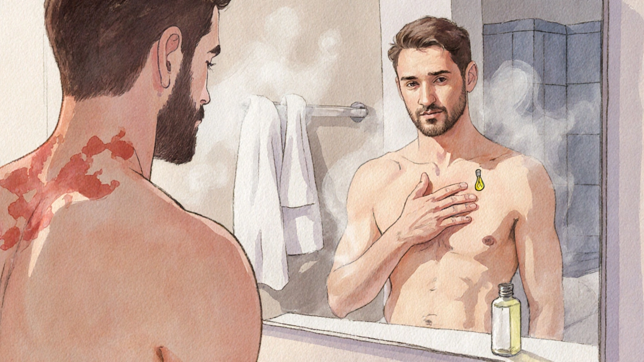Muž provádí jemnou domácí masáž v koupelně s mandlovým olejem.