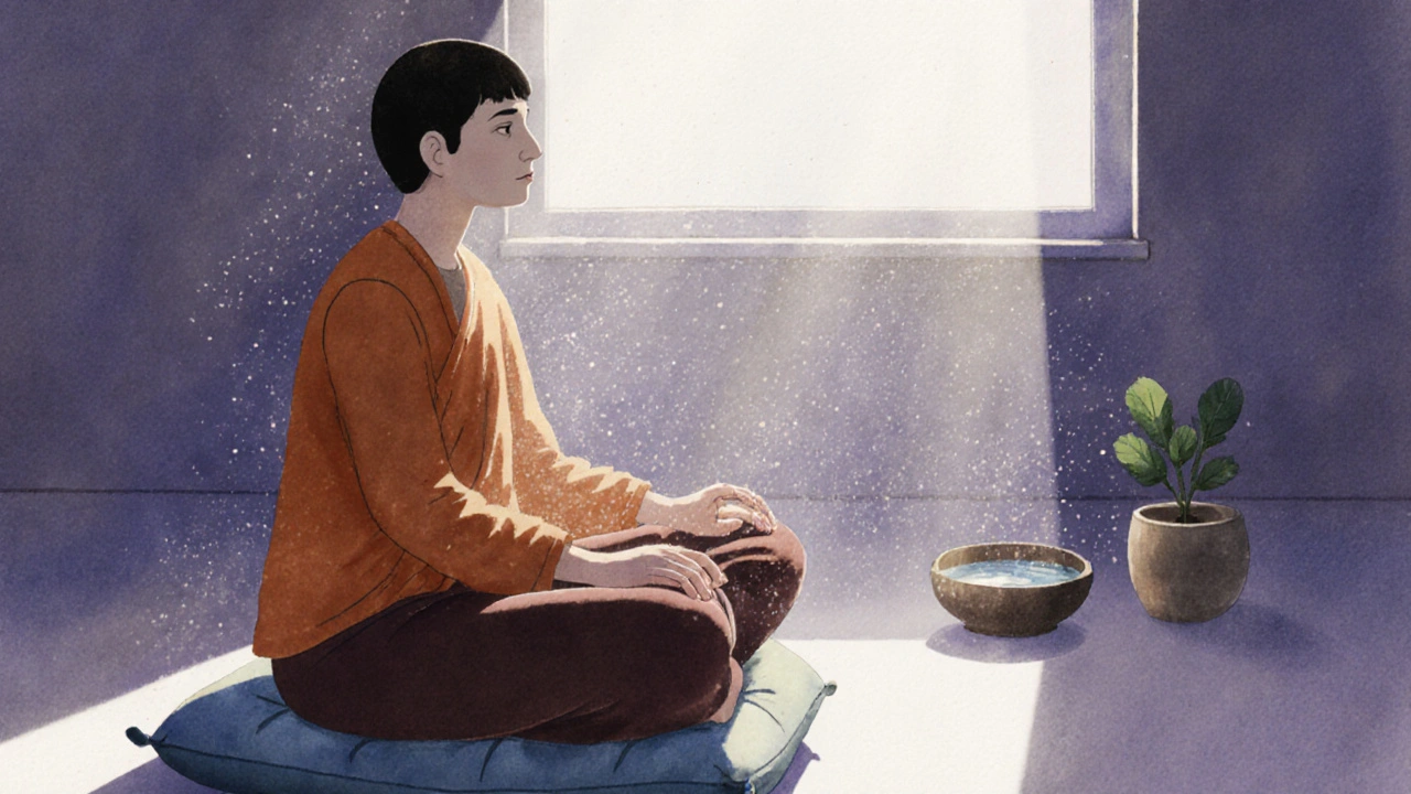 Osoba cvičí mindfulness doma, ruka pomalu klouže po stehně, sluneční světlo, klidné prostředí.