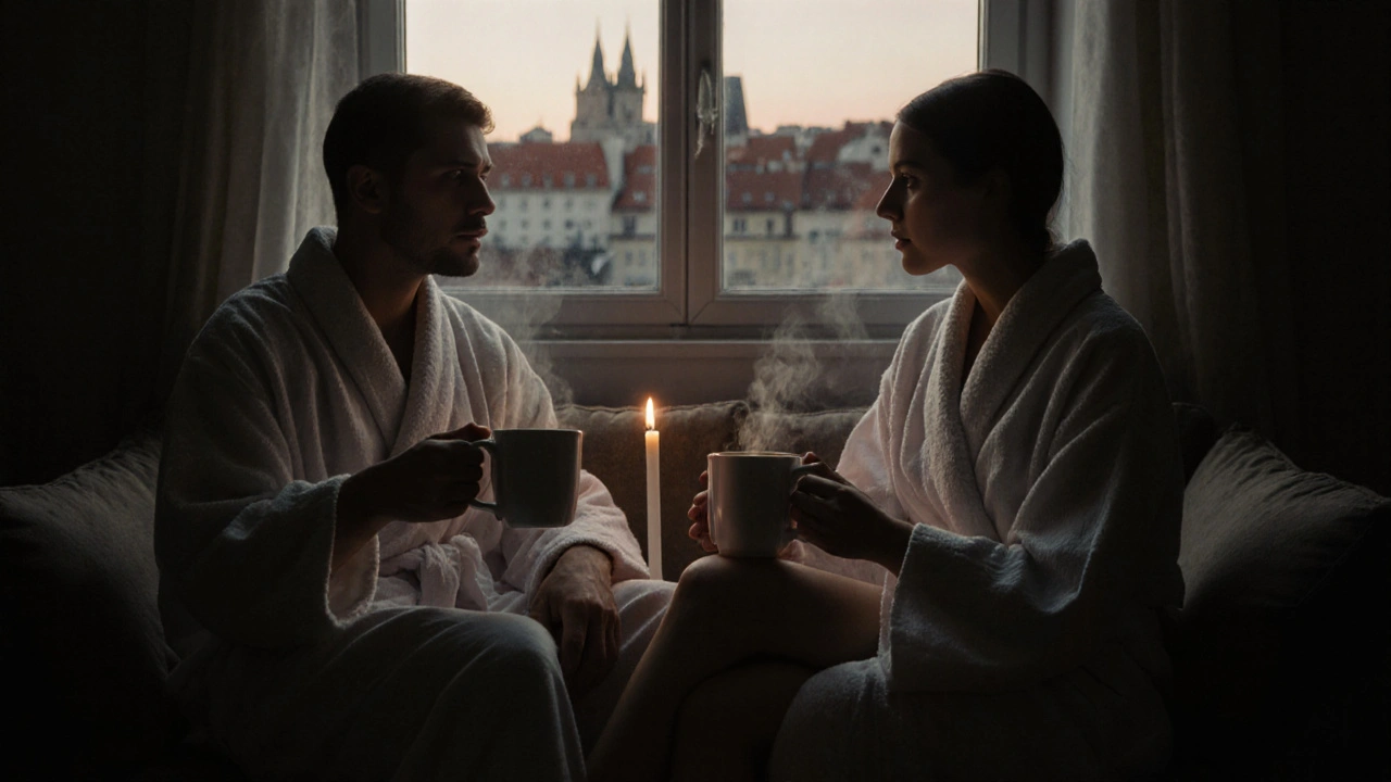 Pár sedí mlčky spolu po masáži, drží si ruce a pijí čaj v tichém večerním světle.