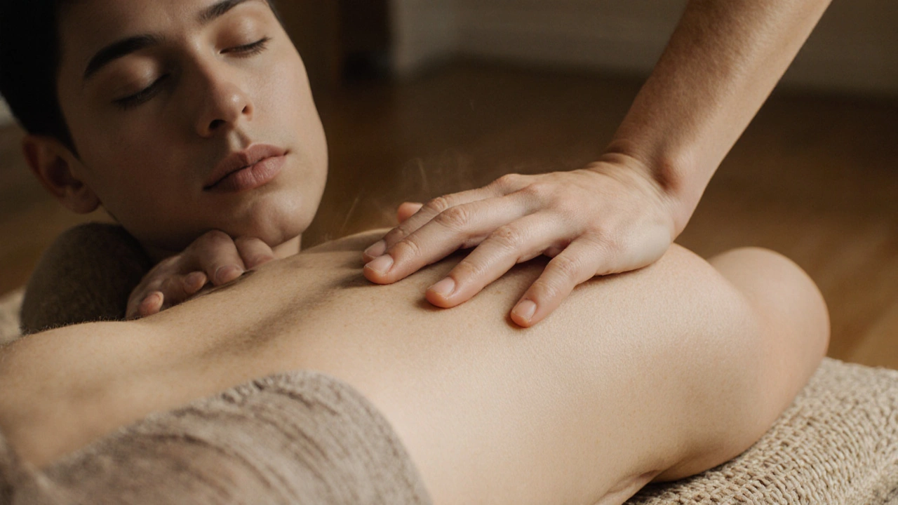 Pomalý dotek ruky na zádech při rychlosti 3 cm za sekundu, jemné světlo, relaxovaný výraz tváře.