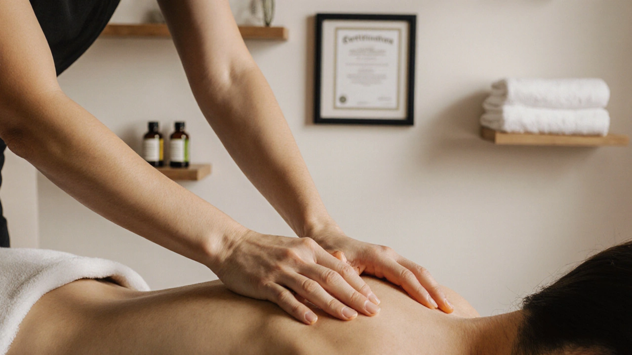 Ruce masérky na zádech klienta, na pozadí viditelný certifikát a čisté prostředí.
