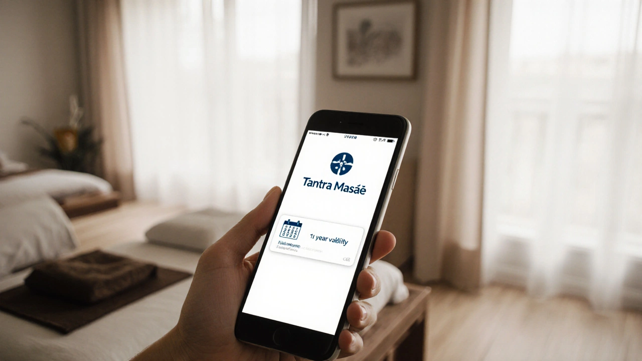 Ruka drží digitální dárkový poukaz na telefonu s ukázkou platnosti 1 rok.