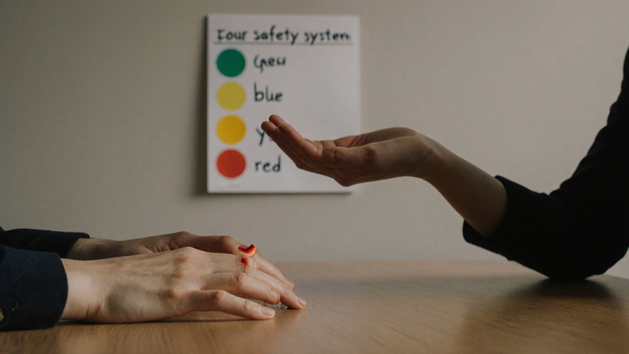 Ruka klienta je na stole jako červený signál, terapeutova ruka visí v klidu nad ní, bez doteku.