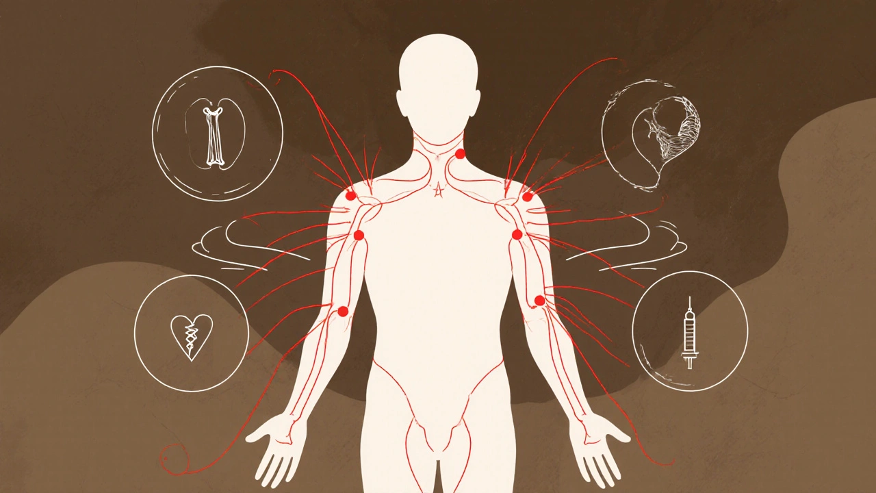 Schematiczna silueta těla s označenými nebezpečnými oblastmi pro masáž