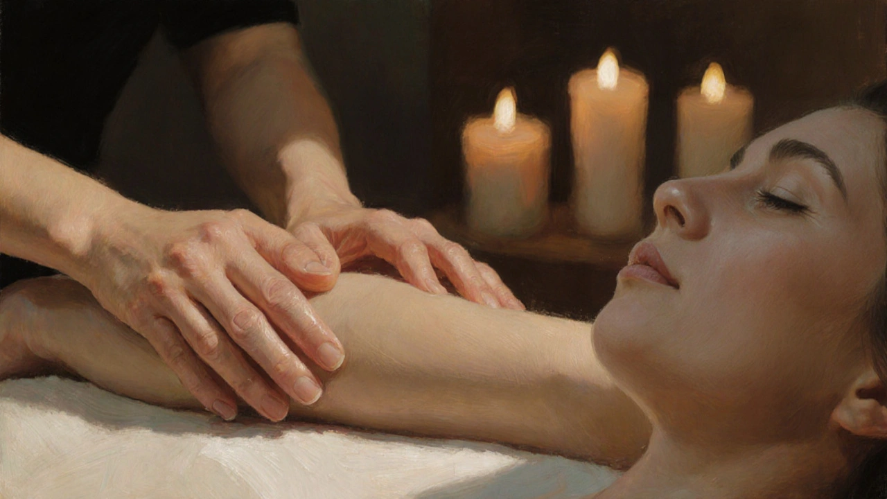 Slza padá na masérkový stůl, když se ruce klienta a masérky dotýkají.