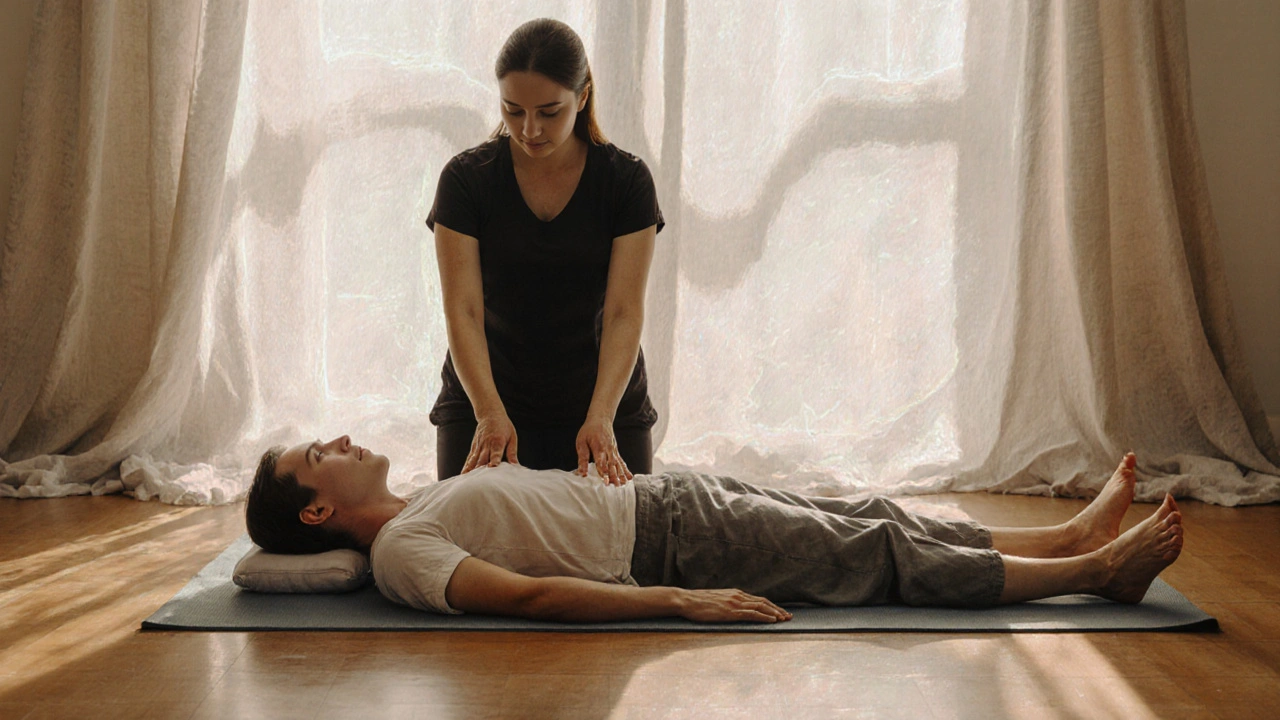 Tantrická masáž s pomalým, vědomým dotekem na zemi, osoba medituje, teplé světlo z okna.