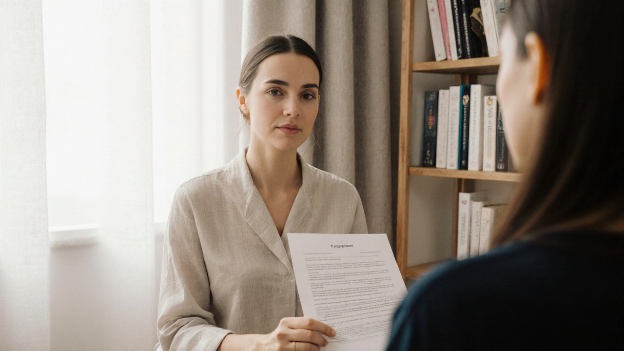 Terapeut a klient v klidné konzultační místnosti, kde si před masáží přečítají písemný souhlas.