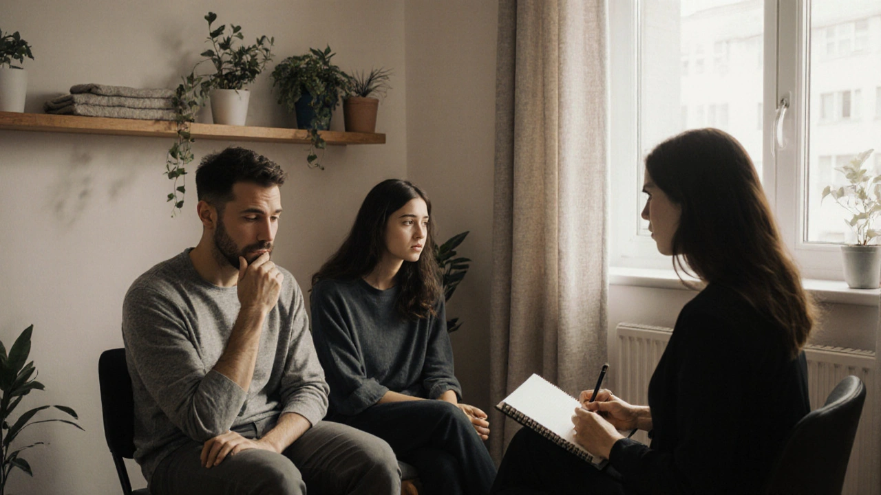 Terapeut s párem v tiché terapeutické místnosti v Praze, klidná atmosféra.