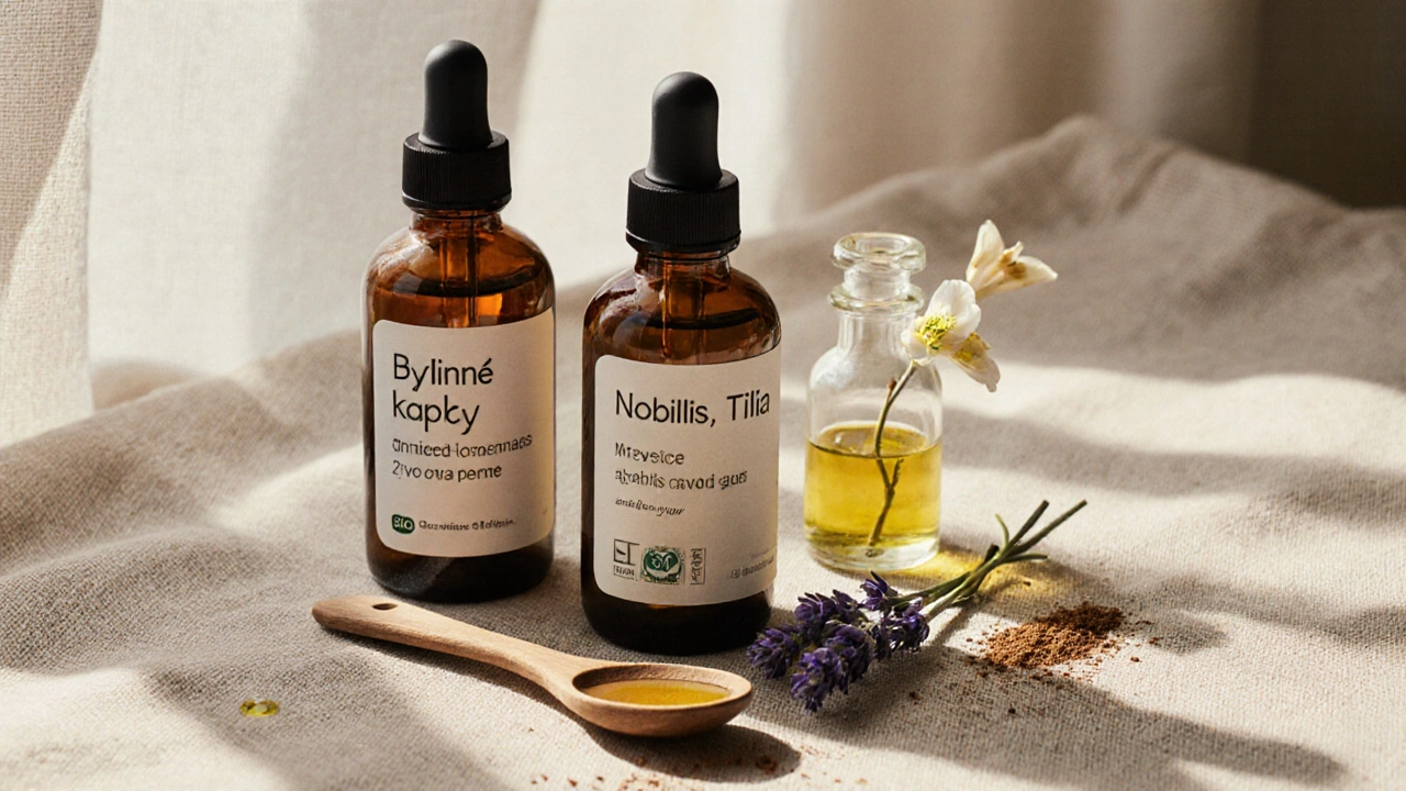 Tři české masážní oleje s přirozenými složkami uspořádané na lněné látkě s květinami a kořením.