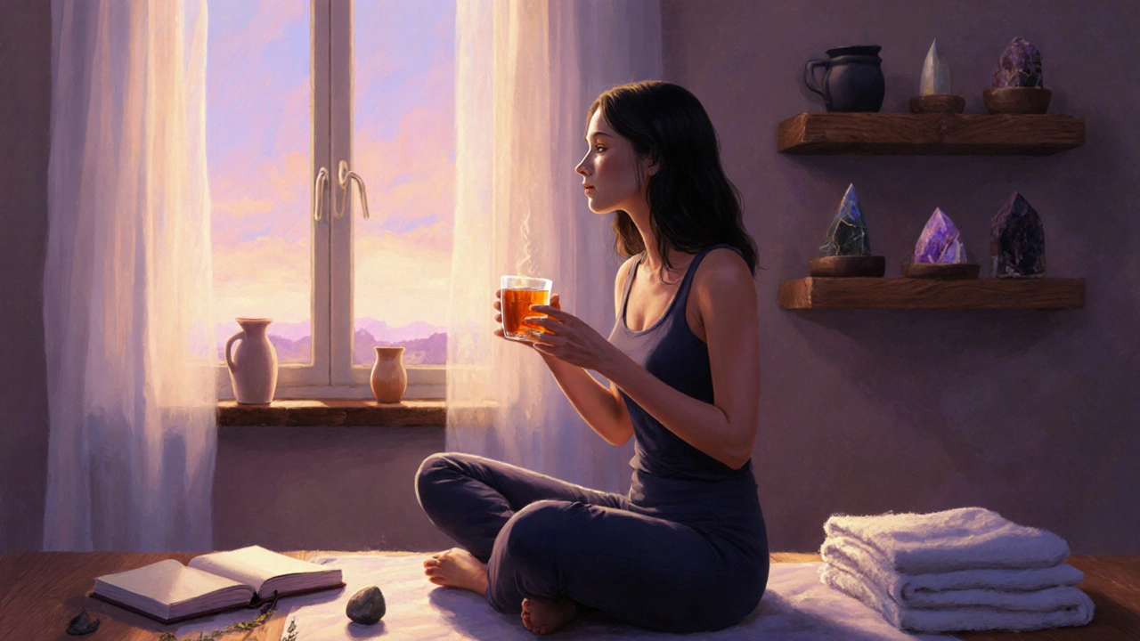 Žena po tantrické sezení sedí v klidu s hrnkem čaje, v pozadí přírodní prostředí a jemné světlo.