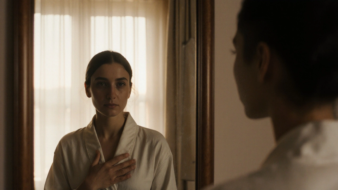 Žena se dívá do zrcadla, jednou rukou jemně dotýká svého těla pod pláštěm.