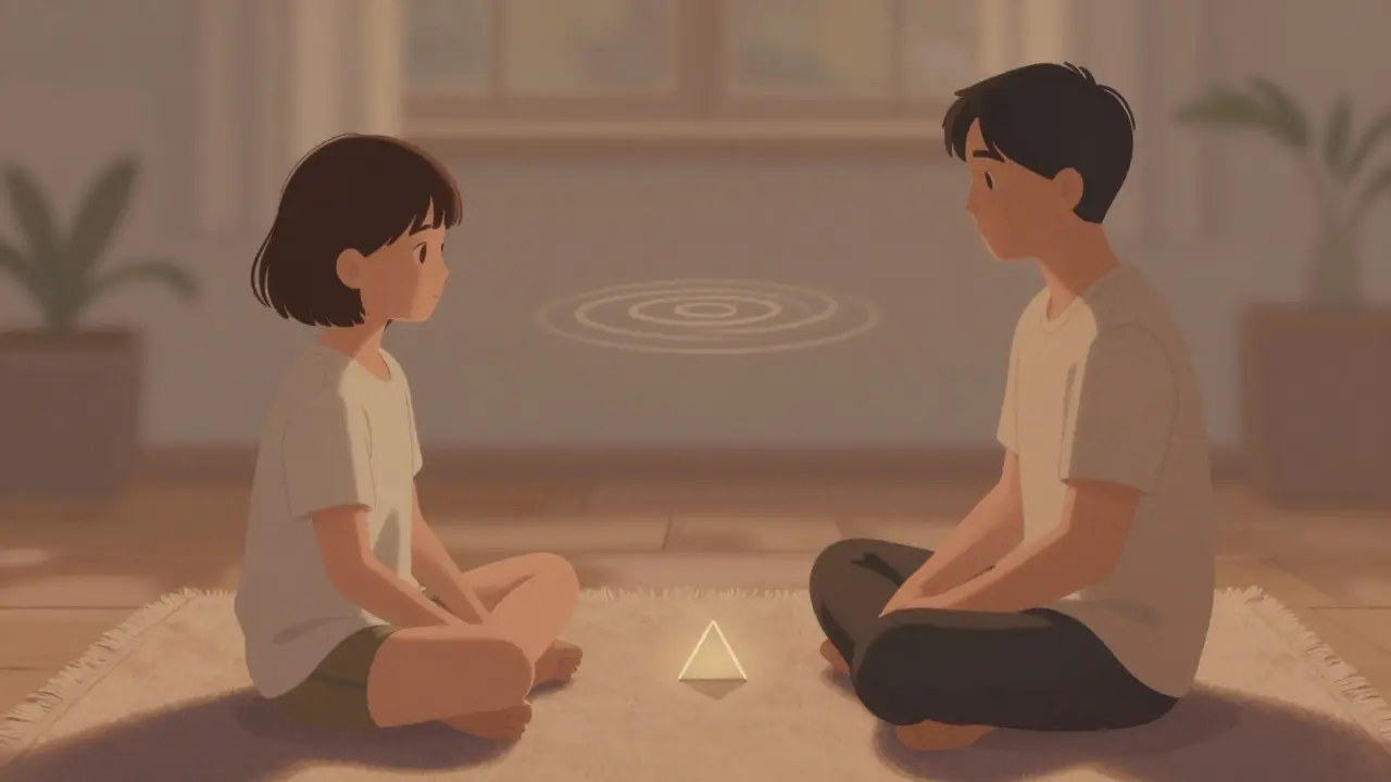 Dítě a dospělý v klidu, triangl mezi nimi, ticho po zvuku.