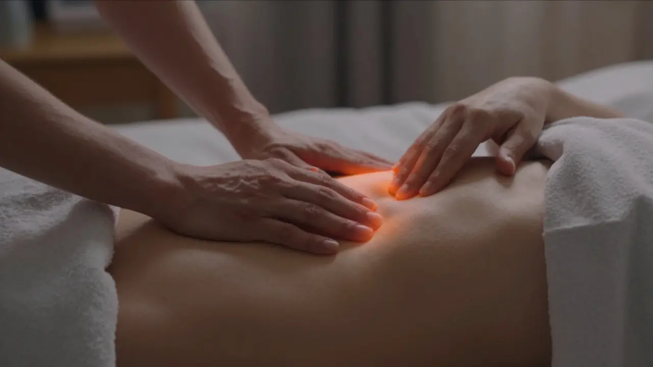 Dvě ruce na břiše, jedna tlačí, druhá hladí, kůže reaguje na kontrast tlaku.