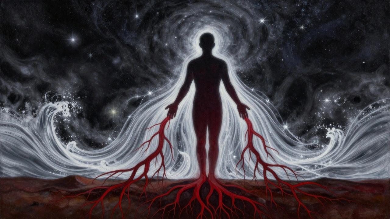 Lidský obraz s energií proudící zemí a nebesy, tělo jako most mezi nimi.