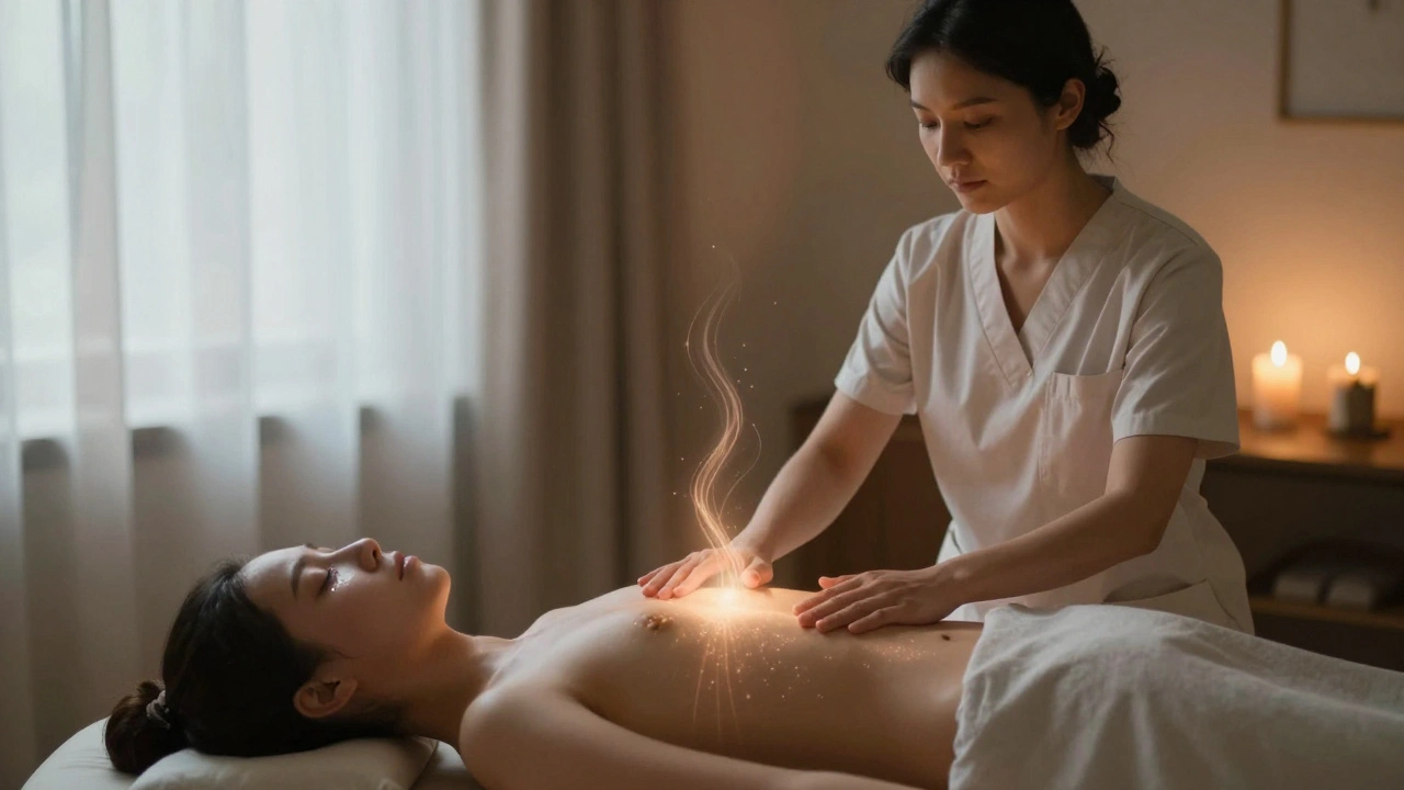 Masér s rukama nad zády klienta, ticho, svíčky, jemné světlo, klient pláče v klidu.