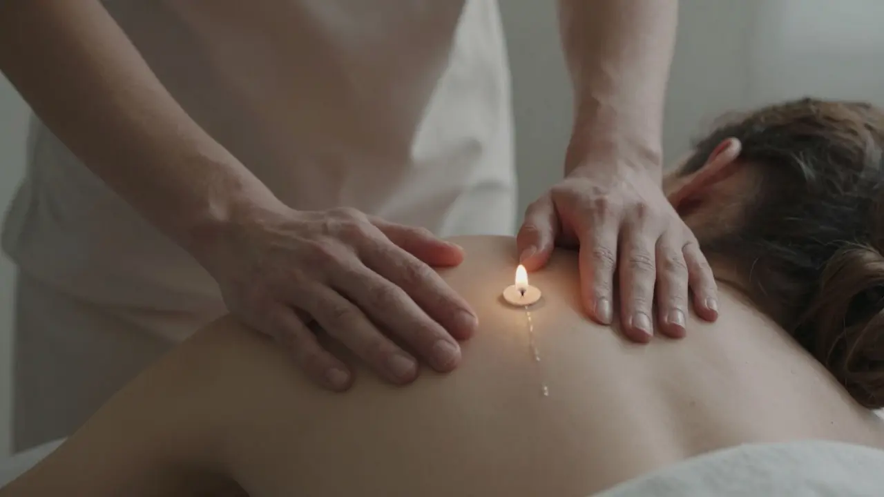 Muž pláče klidně během masáže, terapeutova ruka leží na jeho zádech, světlo svíček osvětluje ticho.