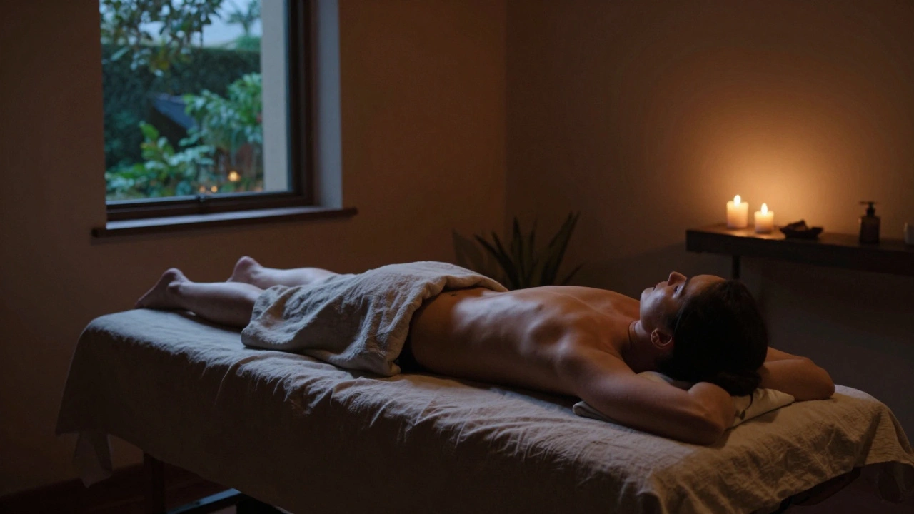 Osoba klidně leží na masážním stole v tiché místnosti s svíčkami a přírodním osvětlením.