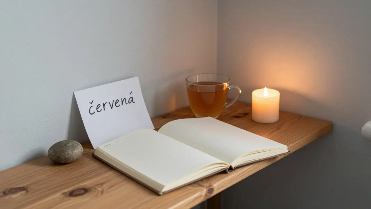 Pozůstatek tantrické masáže: deník, svíčka a slovo 'červená' na papíře.