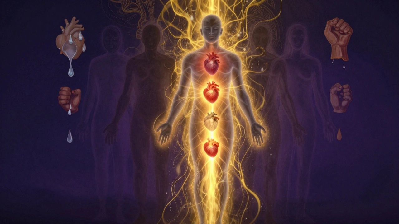 Schematický obraz sedmi čakrák na těle, tři z nich září zlatou energií, která proudí nahoru.