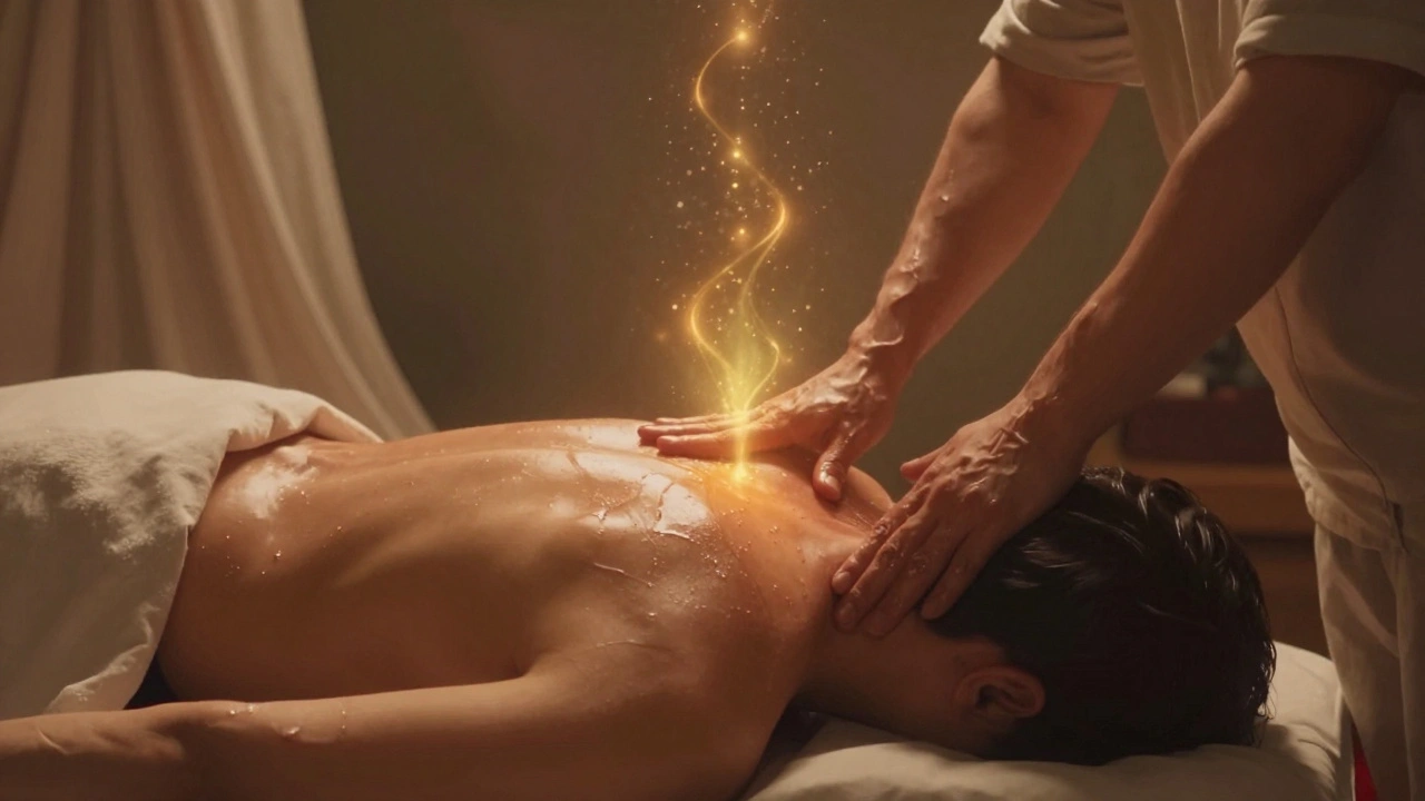 Tantrická masáž: terapeutka dotýká klienta na zádech a hlavě v klidném prostředí.