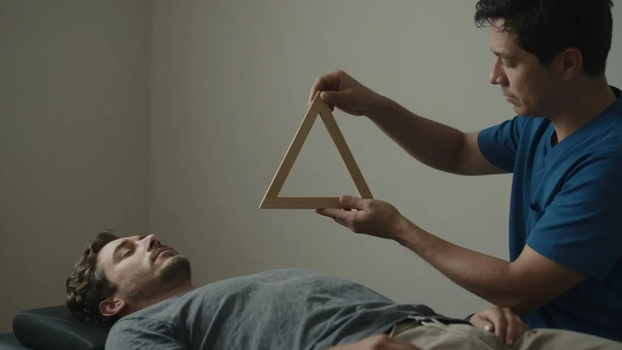 Terapeut pozoruje klienta, který se uvolňuje po zvuku trianglu.