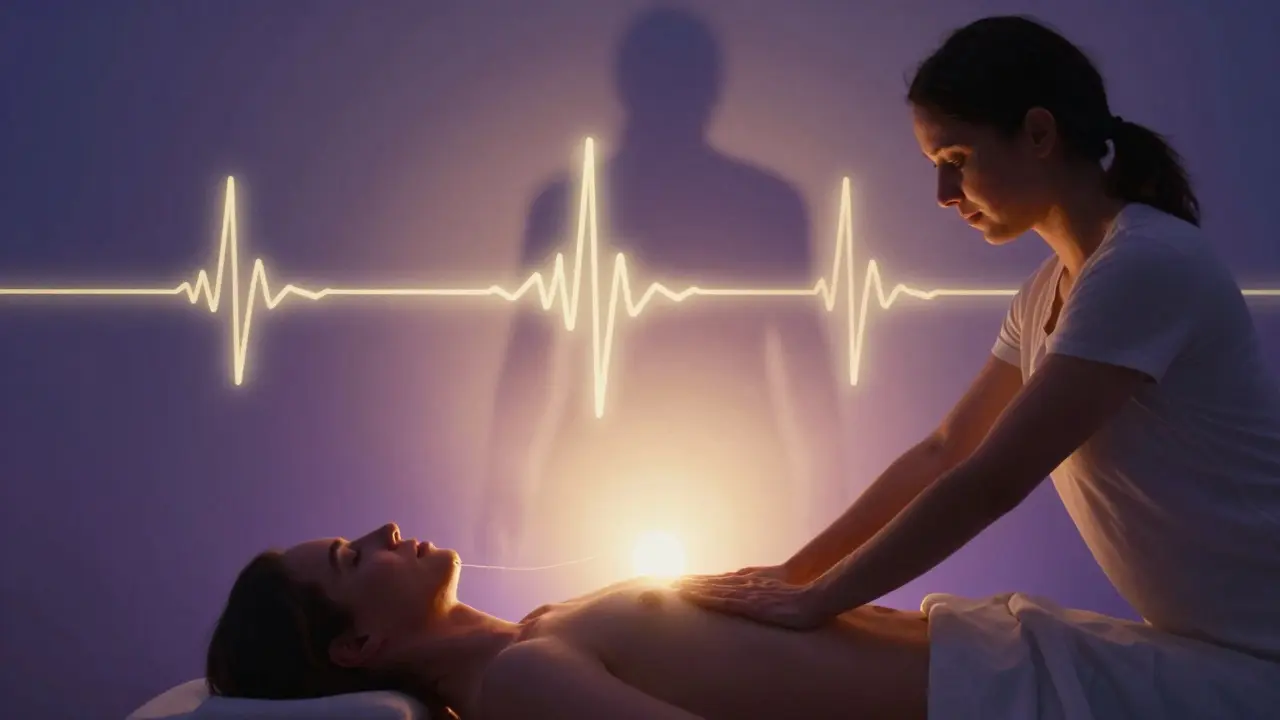 Termální vlny a světlo oxytocinu spojují tělo klienta s terapeutem, stres se rozptýlí jako mlha.