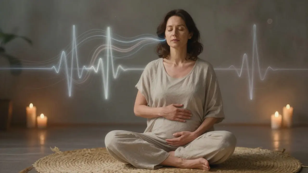 Žena sedí klidně, ruka na břiše, oči zavřené, dýchá hluboce v klidném prostředí.