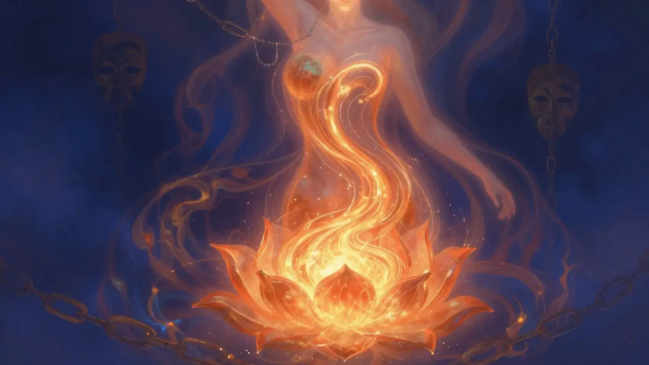 Abstraktní zářící spirála energie se rozvíjí z břicha jako květ, když se strachy mění ve světlo.