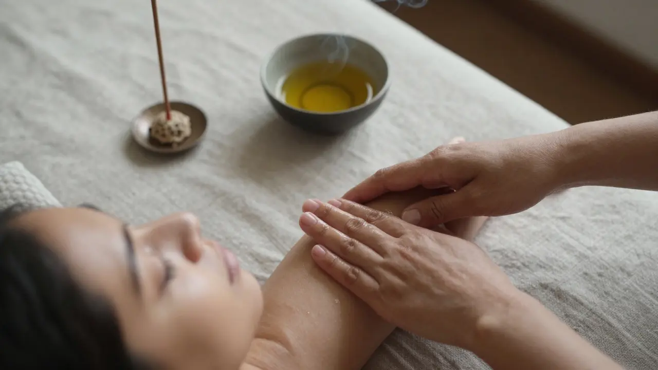 Dvě ruce se jemně dotýkají v bezpečném prostředí s olejem a svíčkami, bez nátlaku, jen s přítomností.
