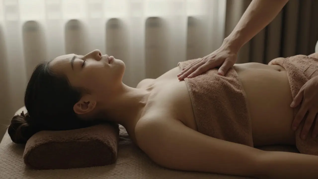 Osoba na zádech s malým polštářkem pod krkem a teplou osuškou přes pánvi, v klidu.