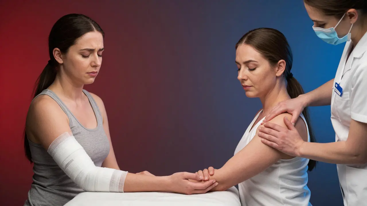 Porovnání dvou scén: jedna s komplikacemi z neodborné masáže, druhá s bezpečnou terapií pod dohledem lékaře.