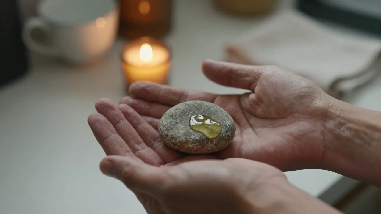 Ruce drží kámen a kapku kokosového oleje při jemném světle svíčky.