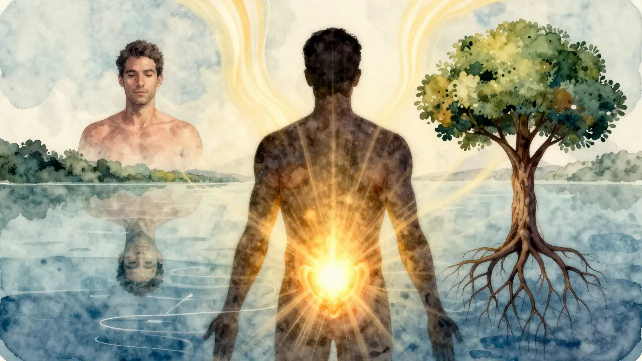 Abstraktní znázornění tepla a energie vyzařující z mužského těla jako symbol přijetí sebe sama.