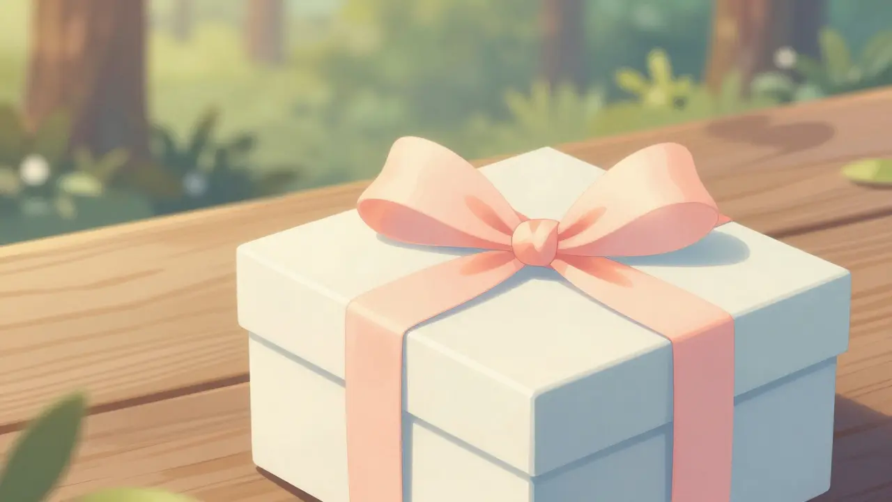 Dárkový balíček s hedvábnou stužkou na dřevěné tabuli