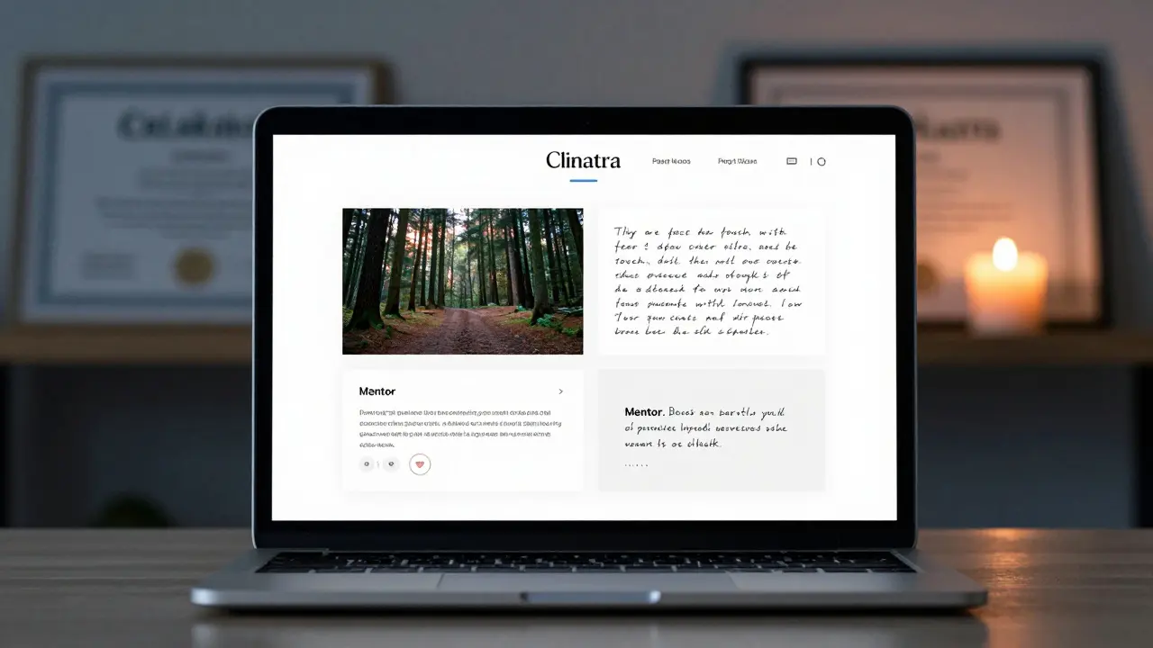 Digitální portfolio na obrazovce s vizuálními důkazy tantrické praxe: fotografie, zápisy a citáty mentorů.