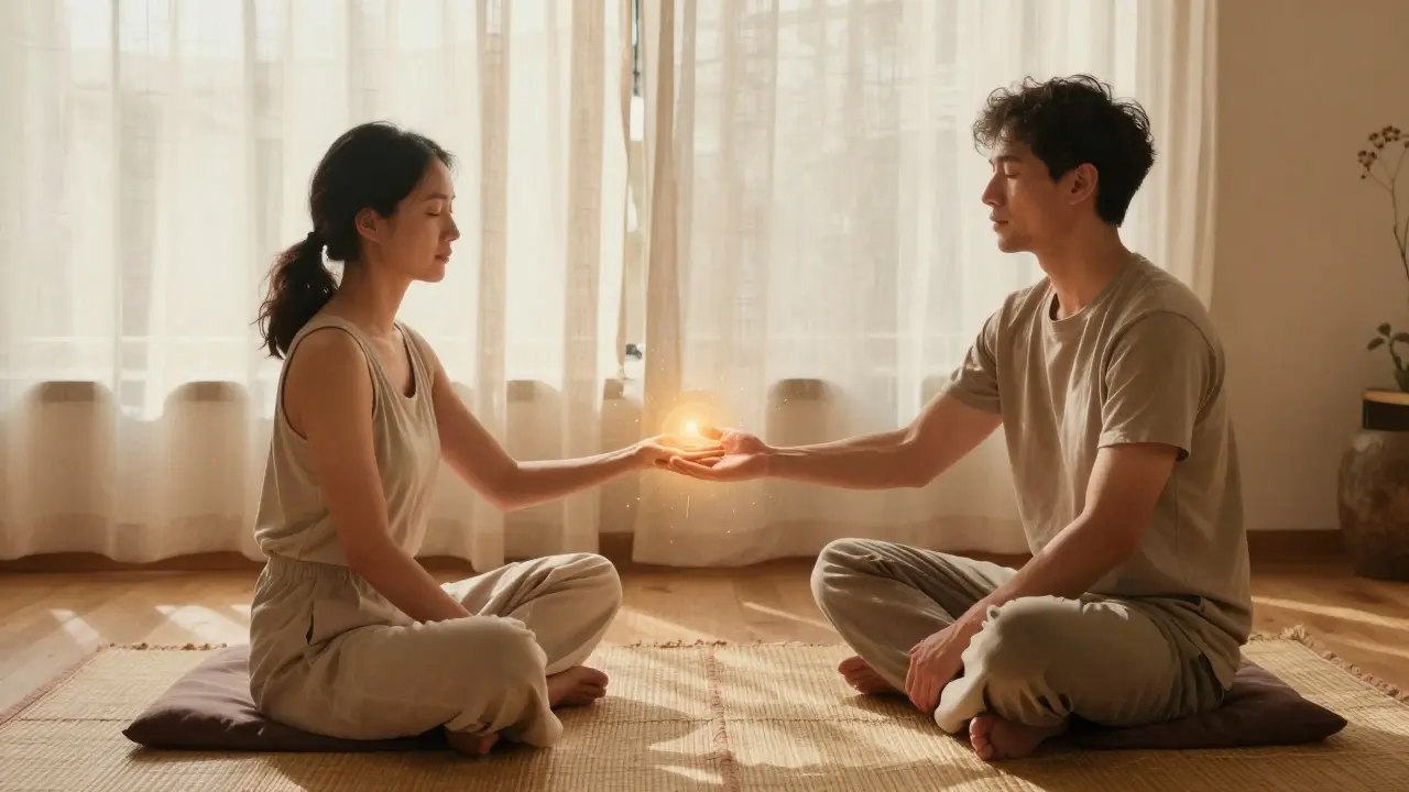 Dva účastníci tantrického kurzu sedí v klidu, ruky se dotýkají, oči zavřené, dech se synchronizuje v tichém prostoru.