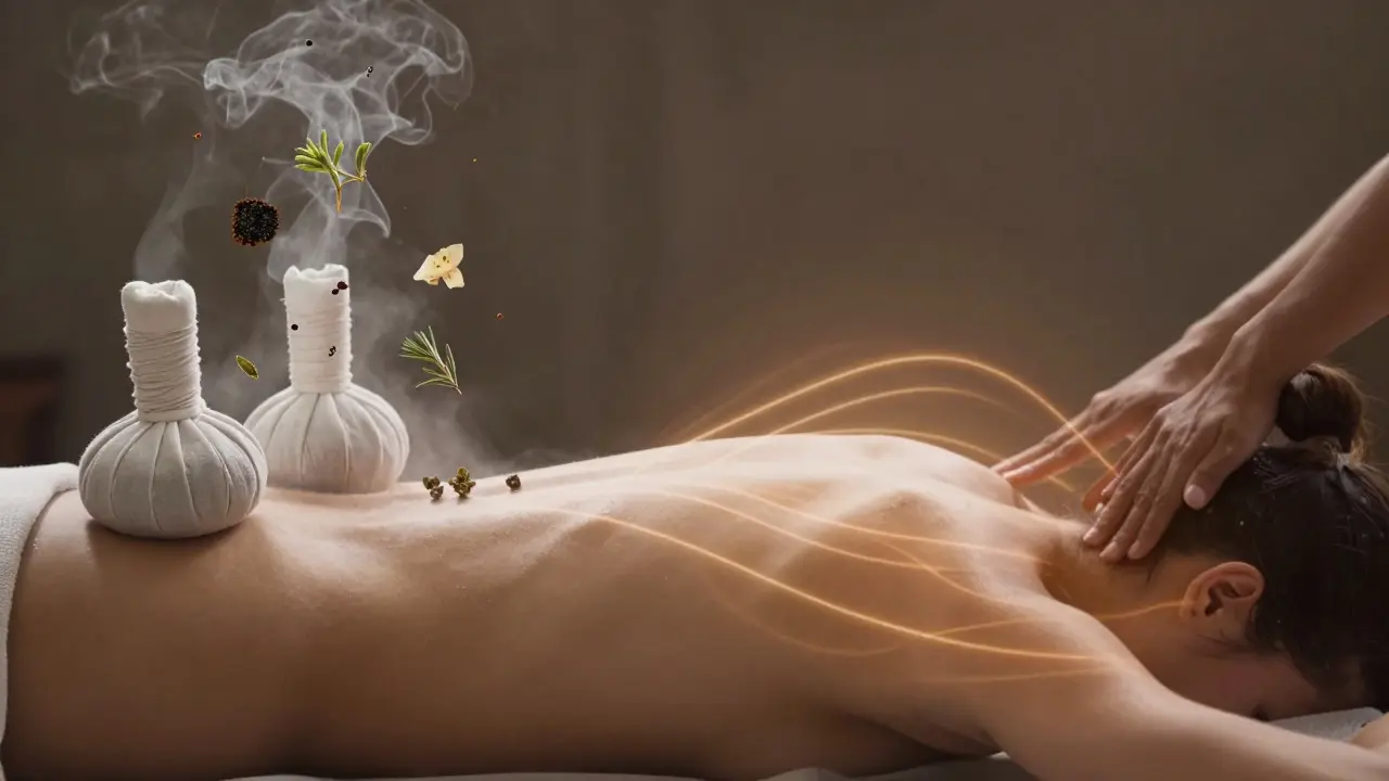 Dvě části obrázku: vlevo bylinná masáž, vpravo tantrický dotyk — symbolické spojení léčby a vědomí.