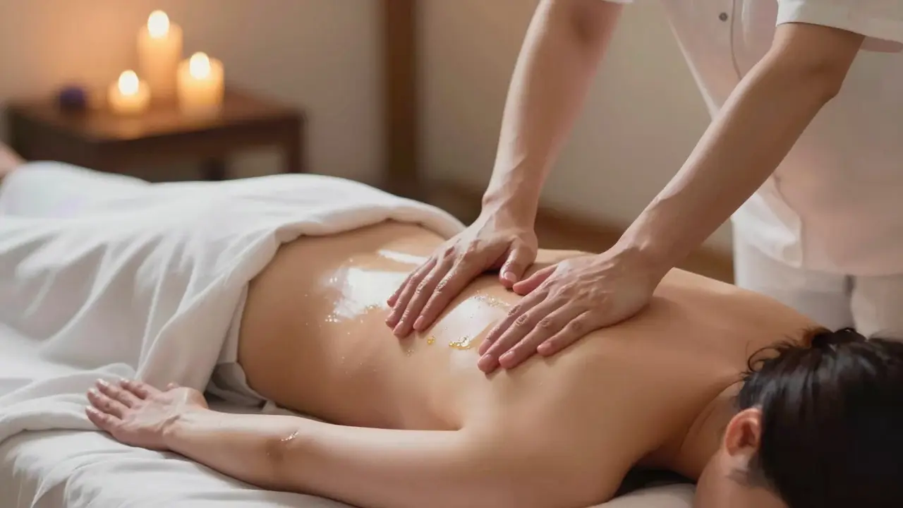Masseurka jemně masíruje klienta tělem, v klidném, svíčkami osvětleném prostoru.