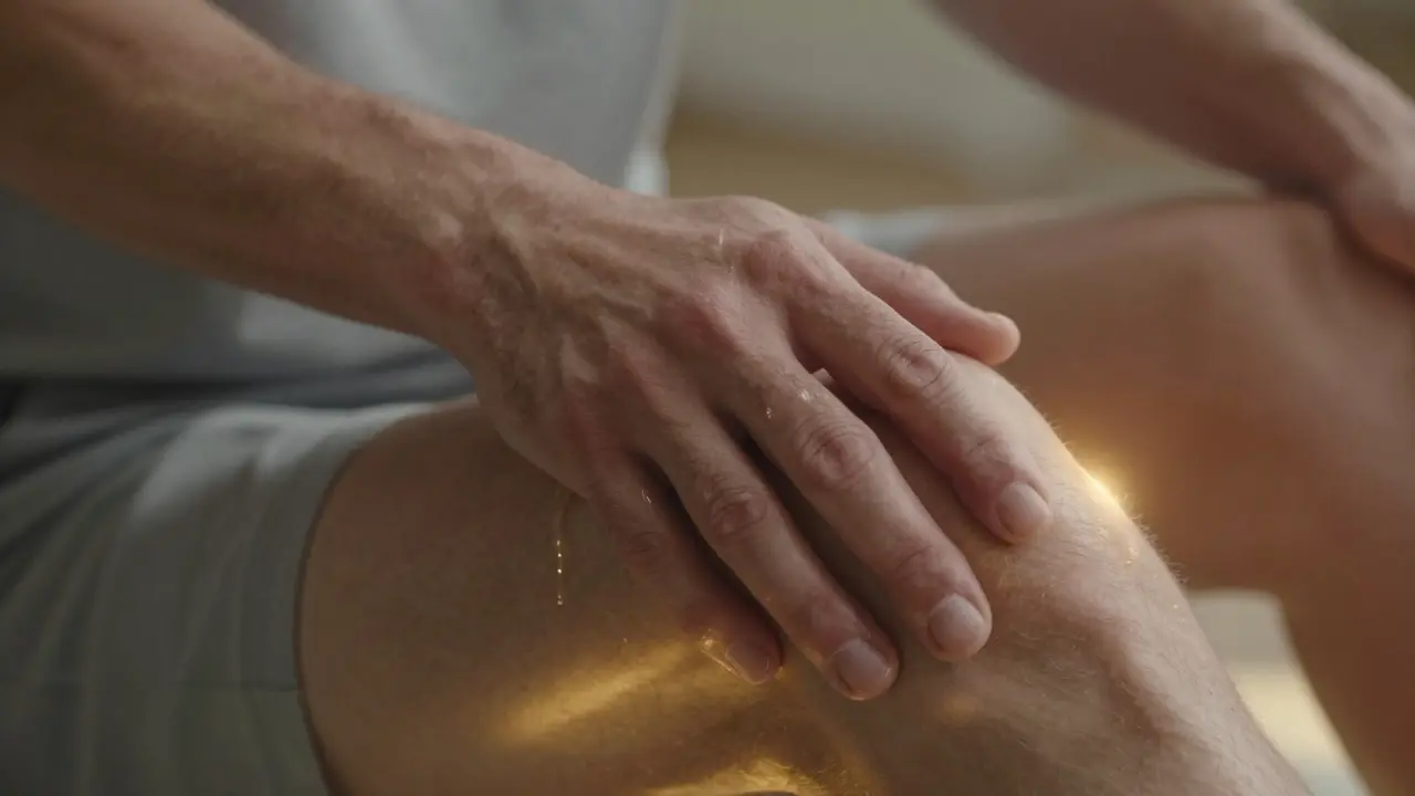 Muž s zavřenýma očima, slzy na tváři, ruka klidně leží na stehně v intimní chvíli sebevědomí.